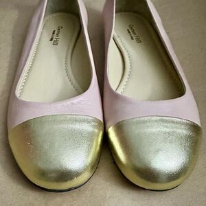 NEW Garnet Hill Italian Leather Belle Signature Blush Pink Gold Flats Size 8.5